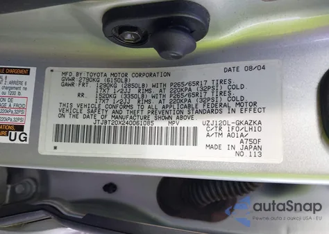 2004 Lexus Gx 470 from USA, damaged, VIN JTJBT20X240061085